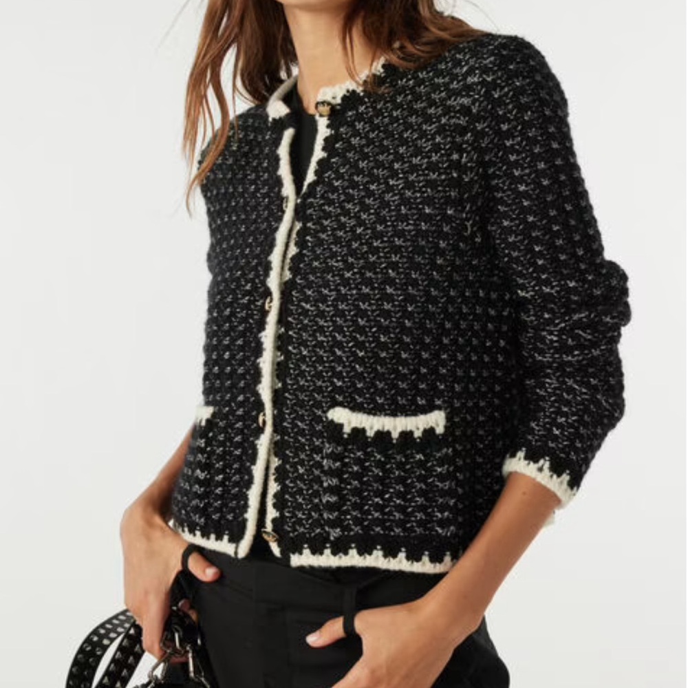 SWEATER- BA&SH Black & White Knit Cardigan - Picture 3 of 7